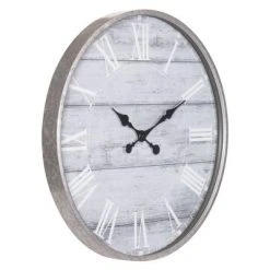 28" Galvanized Plank Roman Numerical Round Wall Clock Metal/Washed Wood - Patton Wall Decor