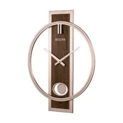 Bulova C4117 Phoenix Minimalist Metal Slow Swing Pendulum Wall Clock with Walnut Finish Center Panel and Metal Case and Hands, Champagne