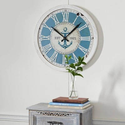 Olivia & May 23.75" x 23.75" Large Round Anchor Wood Wall Clock Blue/White - Olivia & May 3 Olivia & May 23.75" x 23.75" Large Round Anchor Wood Wall Clock Blue/White - Olivia & May