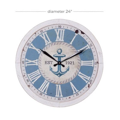Olivia & May 23.75" x 23.75" Large Round Anchor Wood Wall Clock Blue/White - Olivia & May 4 Olivia & May 23.75" x 23.75" Large Round Anchor Wood Wall Clock Blue/White - Olivia & May - Image 2