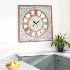 Olivia & May 36" x 36" Extra Large Square Metal Textured Pattern Wall Clock with Wood Carved Center and Frame - Olivia & May