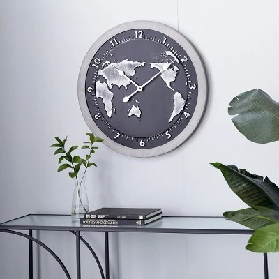 Olivia & May 25" x 25" Large Round Map Metal Wall Clock with Wood Frame Black/Silver - Olivia & May 3 Olivia & May 25" x 25" Large Round Map Metal Wall Clock with Wood Frame Black/Silver - Olivia & May