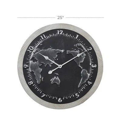 Olivia & May 25" x 25" Large Round Map Metal Wall Clock with Wood Frame Black/Silver - Olivia & May 4 Olivia & May 25" x 25" Large Round Map Metal Wall Clock with Wood Frame Black/Silver - Olivia & May - Image 2