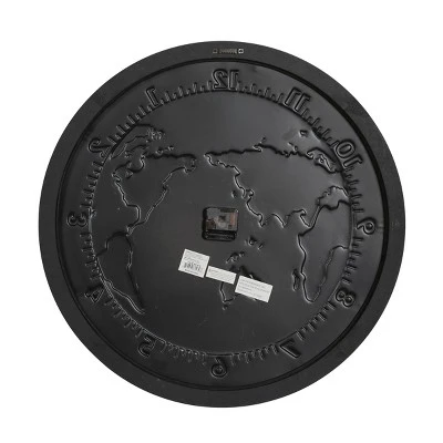 Olivia & May 25" x 25" Large Round Map Metal Wall Clock with Wood Frame Black/Silver - Olivia & May 5 Olivia & May 25" x 25" Large Round Map Metal Wall Clock with Wood Frame Black/Silver - Olivia & May - Image 3