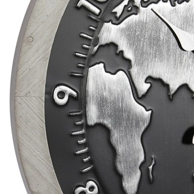 Olivia & May 25" x 25" Large Round Map Metal Wall Clock with Wood Frame Black/Silver - Olivia & May 6 Olivia & May 25" x 25" Large Round Map Metal Wall Clock with Wood Frame Black/Silver - Olivia & May - Image 4