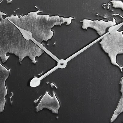 Olivia & May 25" x 25" Large Round Map Metal Wall Clock with Wood Frame Black/Silver - Olivia & May 7 Olivia & May 25" x 25" Large Round Map Metal Wall Clock with Wood Frame Black/Silver - Olivia & May - Image 5