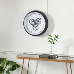Olivia & May 20" x 20" Round Metal Wall Clock with Functioning Gear Center Black/White - Olivia & May