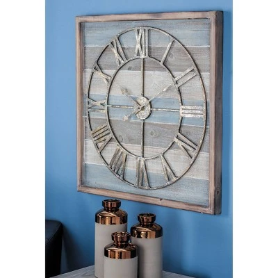 Olivia & May 30" x 30" Extra Large Square Striped Wood Wall Clock with Roman Numerals - Olivia & May 3 Olivia & May 30" x 30" Extra Large Square Striped Wood Wall Clock with Roman Numerals - Olivia & May