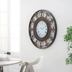 Olivia & May 38" x 38" Traditional Large Round Metal Fleur De Lis Wall Clock with Roman Numerals Brown - Olivia & May