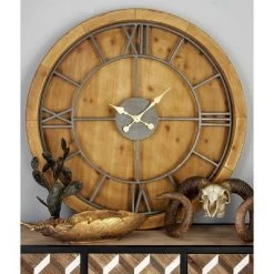 Olivia & May 40" Natural Iron and Cypress Wood Round Wall Clock - Olivia & May
