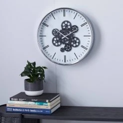 Olivia & May 16" x 16" Round Metal Wall Clock with Functioning Gear Center Black/White - Olivia & May