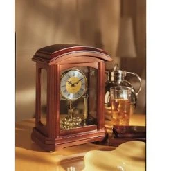 Bulova B1848 Nordale Tabletop Solid Hardwood Clock with Decorative Accents and Revolving Pendulum for Mantel Fireplace Desk Shelf Living Room, Walnut