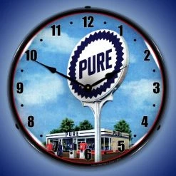 Collectable Sign & Clock | Pure Gas Station LED Wall Clock Retro/Vintage, Lighted