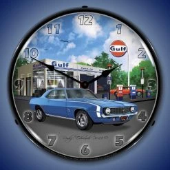 Collectable Sign & Clock | 1969 SS Camaro Gulf LED Wall Clock Retro/Vintage, Lighted