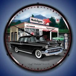 Collectable Sign & Clock | 1957 Chevy Mobilgas LED Wall Clock Retro/Vintage, Lighted