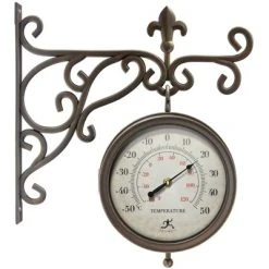 Infinity Instruments 20079AB-4430 Beauregard Decorative Outdoor Hanging Wall Clock and Thermometer Combo with Hanging Bracket, Antique/Vintage Copper