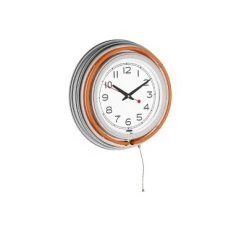 Hastings Home Round Neon Wall Clock With Analog Quartz Movement, Double Light Ring, and Dual Power - 14", Orange