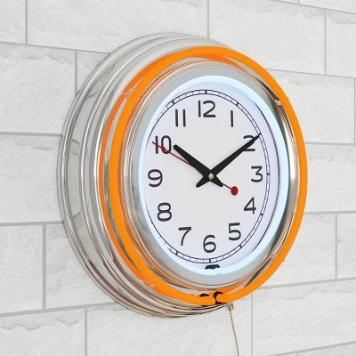 Hastings Home Round Neon Wall Clock With Analog Quartz Movement, Double Light Ring, and Dual Power - 14", Orange 4 Hastings Home Round Neon Wall Clock With Analog Quartz Movement, Double Light Ring, and Dual Power - 14", Orange - Image 2