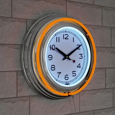 Hastings Home Round Neon Wall Clock With Analog Quartz Movement, Double Light Ring, and Dual Power - 14", Orange 7 Hastings Home Round Neon Wall Clock With Analog Quartz Movement, Double Light Ring, and Dual Power - 14", Orange - Image 5
