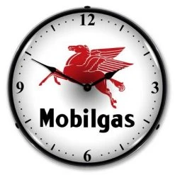 Collectable Sign & Clock | Mobilgas LED Wall Clock Retro/Vintage, Lighted - Great For Garage, Bar, Mancave, Gym, Office etc 14 Inches