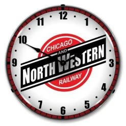 Collectable Sign & Clock | Chicago North Western Railroad LED Wall Clock Retro/Vintage, Lighted - Great For Garage, Bar, Mancave, Gym, Office etc 14 Inches