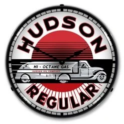 Collectable Sign & Clock | Hudson Gas LED Wall Clock Retro/Vintage, Lighted - Great For Garage, Bar, Mancave, Gym, Office etc 14 Inches