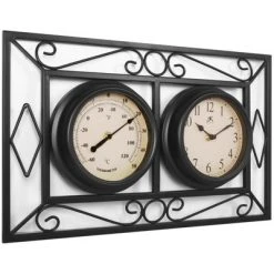 Infinity Instruments 20108BK-TC The Bookend Decorative Outdoor Hanging Wall Clock and Thermometer Combo with Hanging Bracket and Silent Movement